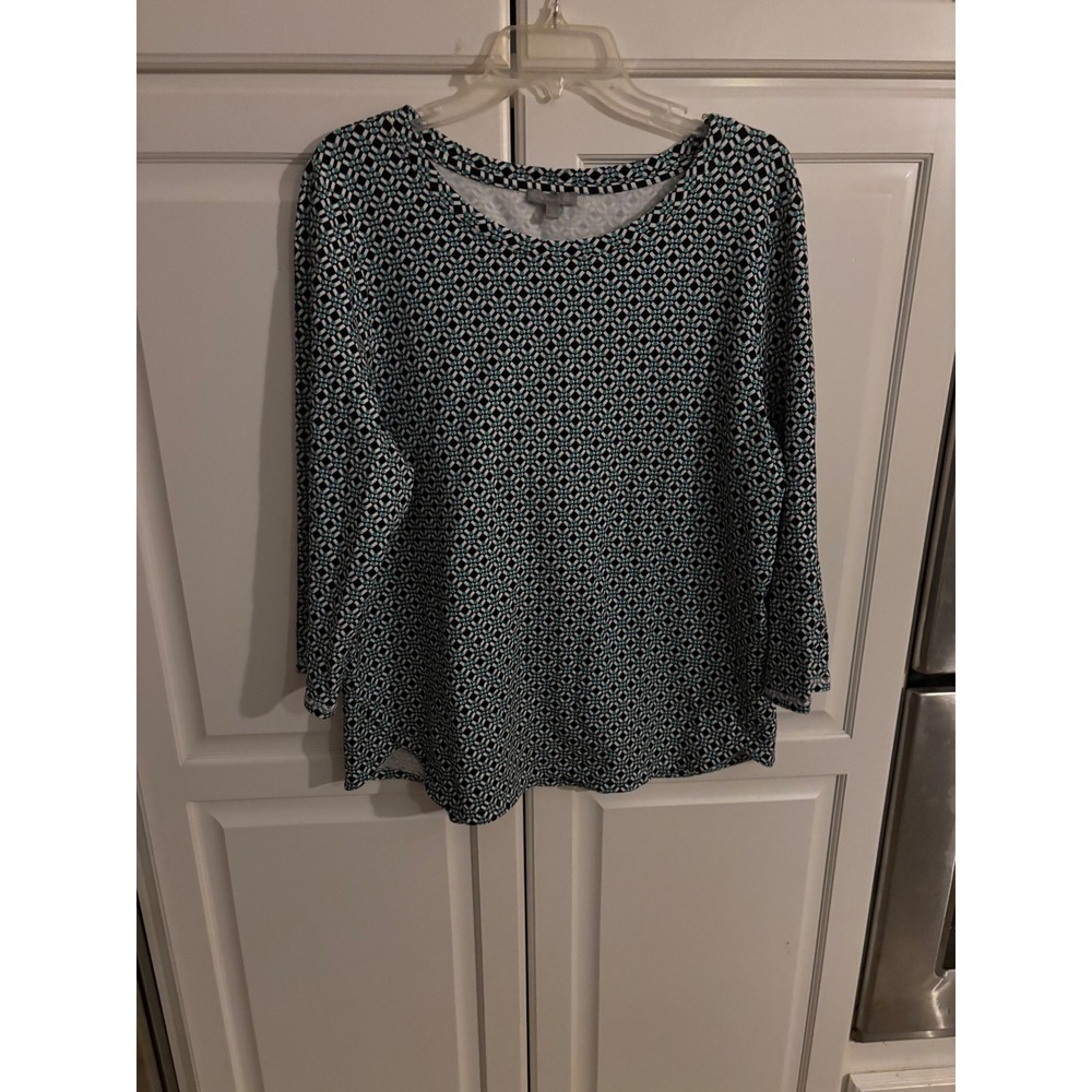 T by Talbots Womens XL Geometric Print Long Sleeve Top Shirt Navy Teal White